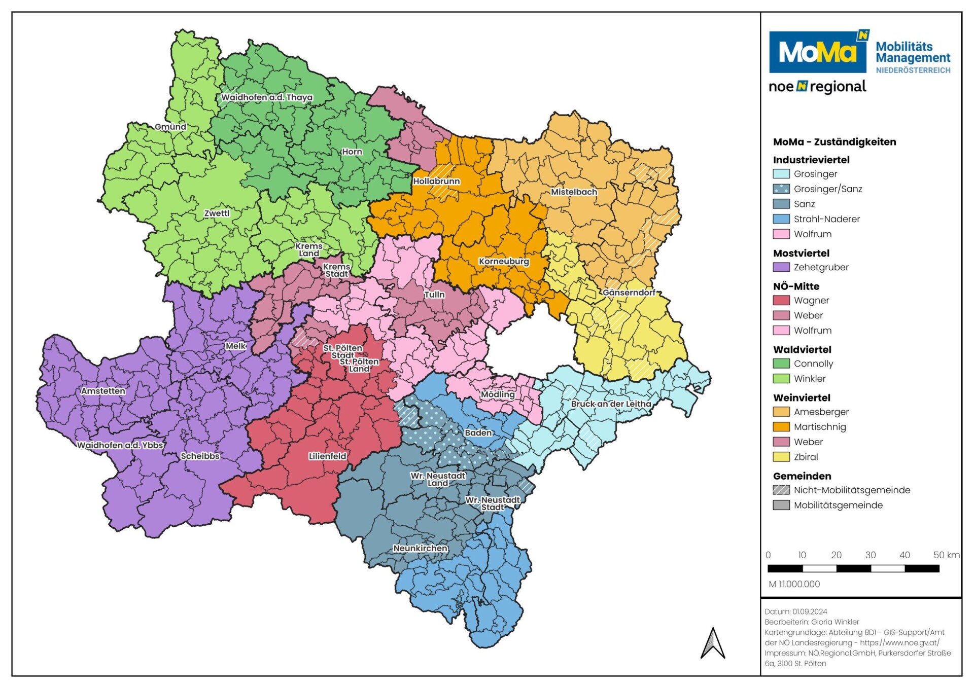 Landkarte Niederösterreich eingefärbt nach Zuständigkeiten durch die Mobilitätsmanagerinnen und Manager des Mobilitätsmanagement NÖ