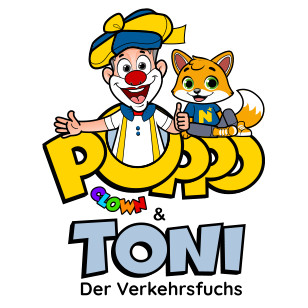 Schriftzug und Logo von Poppo dem Verkehrscown mit Verkehrsfuchs Toni