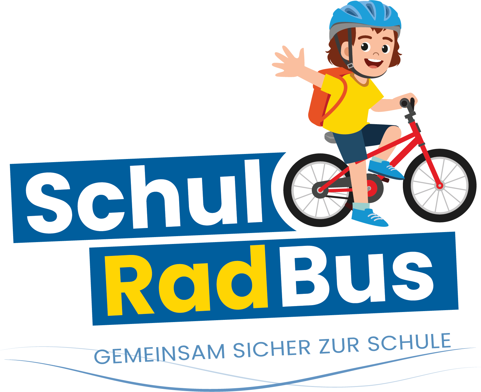 Schriftzug SchulRadBus Gemeinsam sicher zur Schule mit Kind auf einem Fahrrad