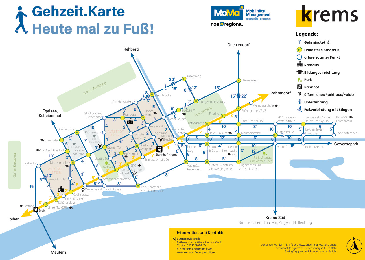 Gehzeit.Karte der Stadtgemeinde Krems