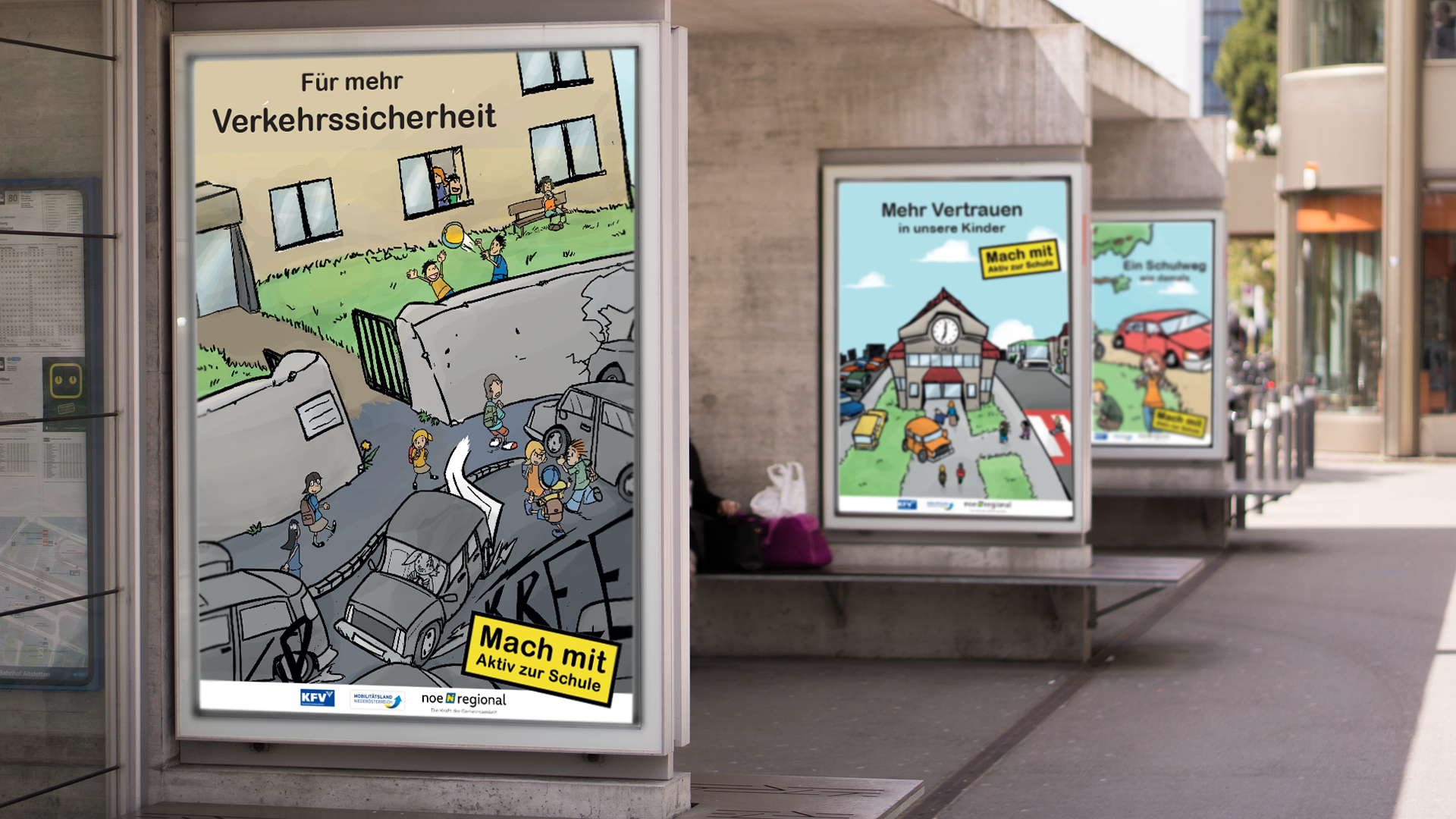 Plakate mit einer Kampagne zum aktiven Schulweg