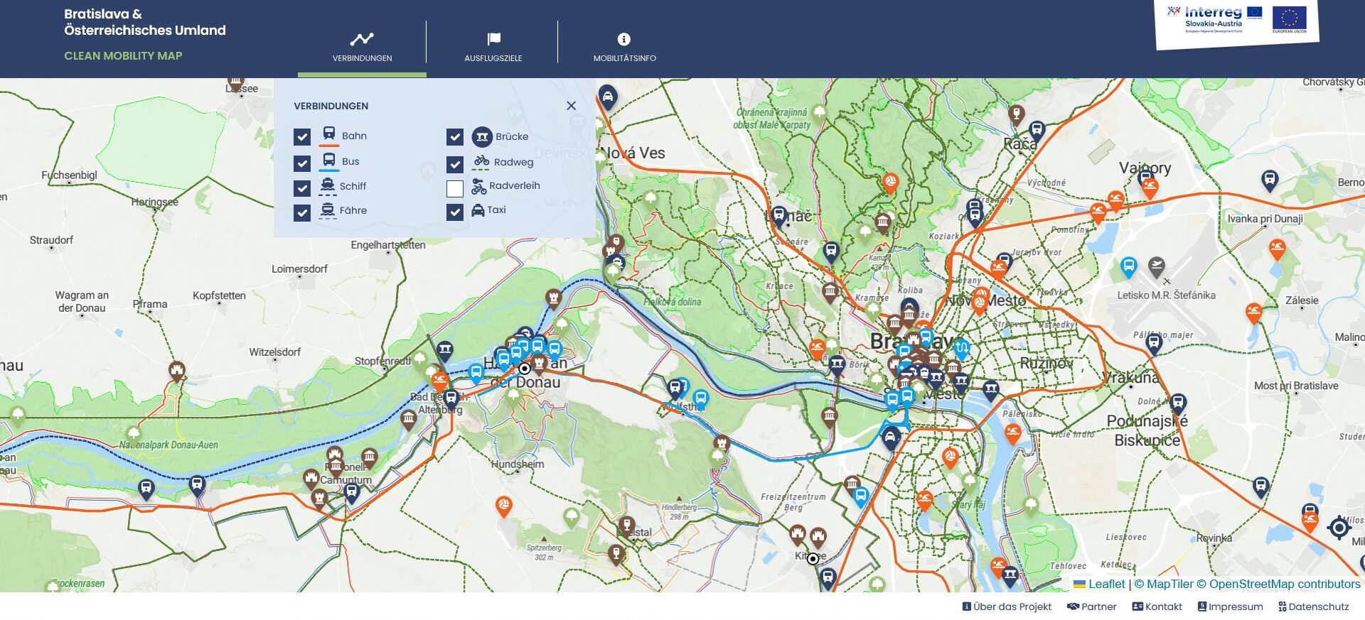 Abbildung einer digitalen Freizeitkarte über Freizeitangebote in Bratislava und dem Österreichischen Umland