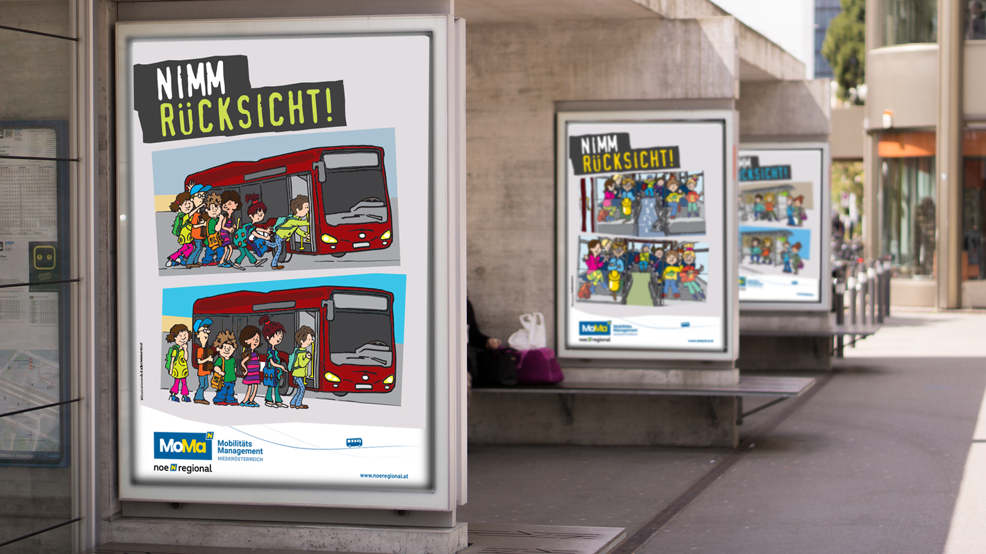 Plakate mit Bilder zur Rücksichtnahme im öffentlichen Verkehr