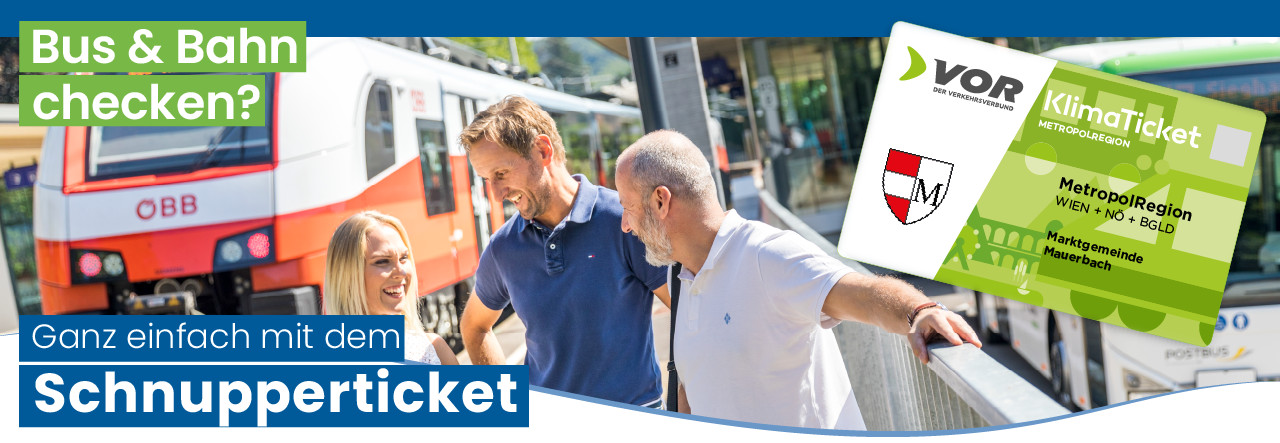 Bahn & Bus checken? Ganz einfach mit dem Schnupperticket mit Grafik des Tickets und Personen vor Bus und Bahn