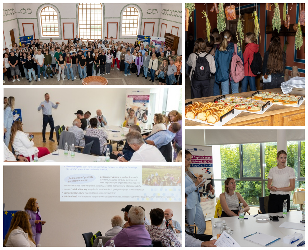Impressionen der Aktivitäten der Schulklassen und WorkshopteilnehmerInnen beim Borderwalk des Interreg-Projekts RegioCap SK-AT